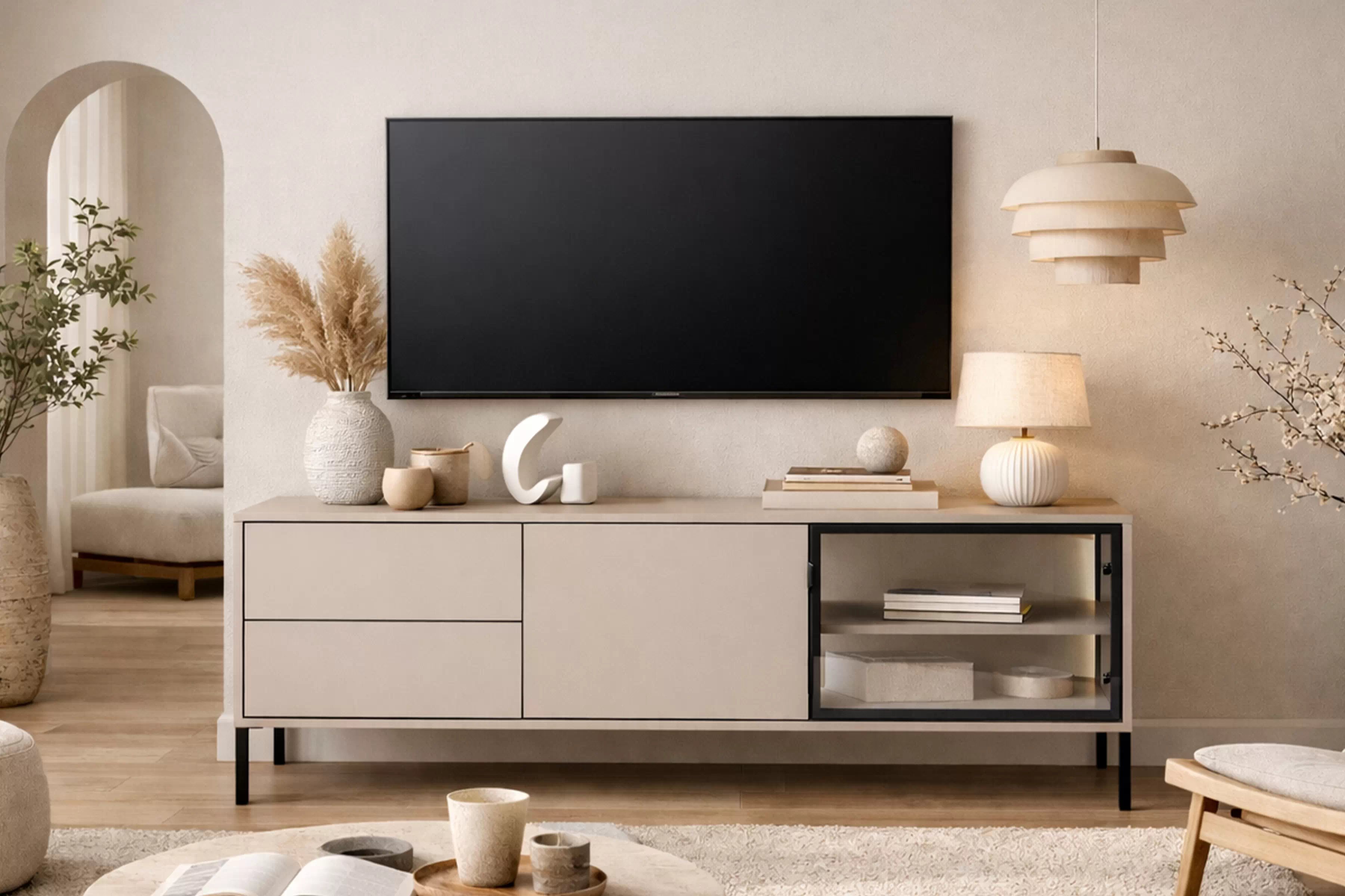 TV stolík Harmona 160 cm s osvetlením - kašmírová TV skrinka Harmona 160 cm so zásuvkami i oswietleniem - kašmír