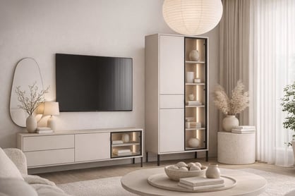 TV stolík Harmona 160 cm s osvetlením - kašmírová TV skrinka Harmona 160 cm so zásuvkami i oswietleniem - kašmír