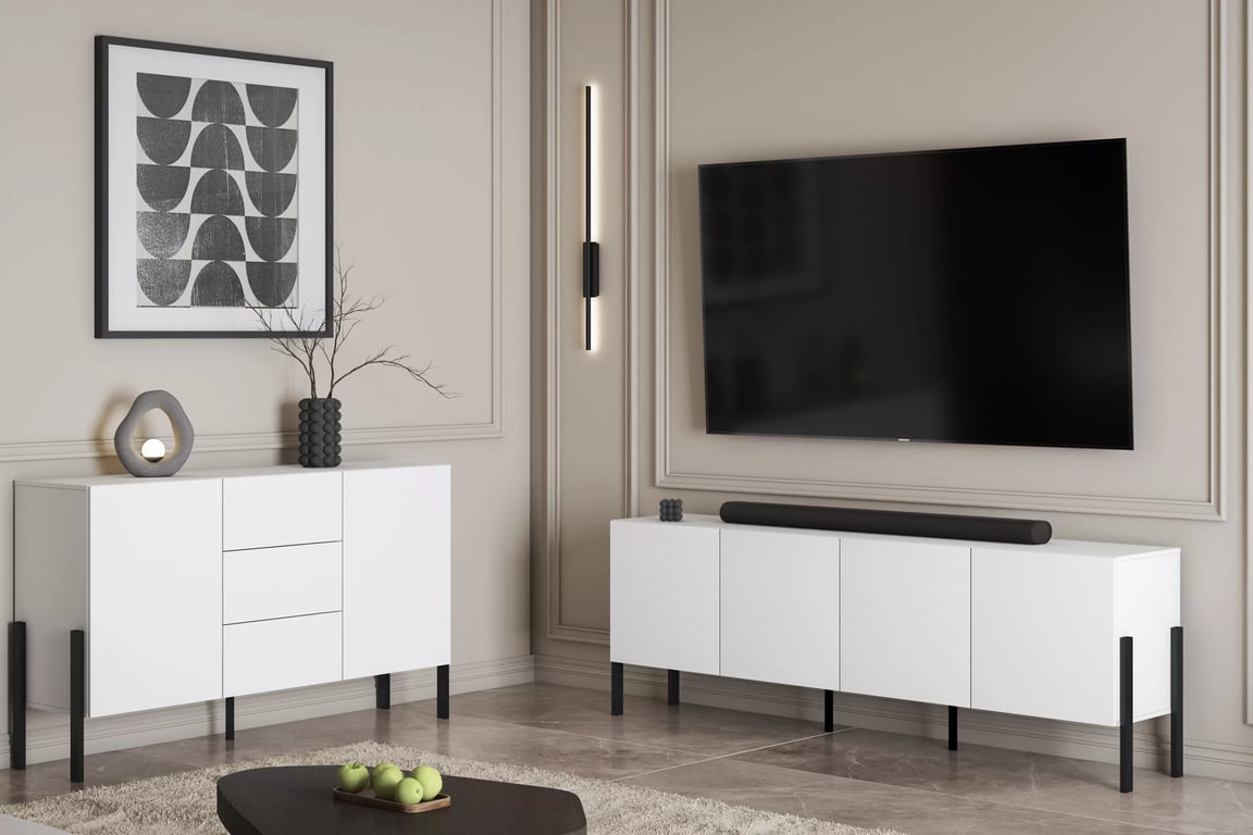 TV stolek Jukon 204 cm - bílý supermat / černé nožky skříňka RTV Jukon 204 cm - bílá supermat / černé nožičky