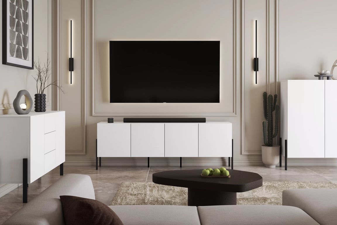 TV stolek Jukon 204 cm - bílý supermat / černé nožky skříňka RTV Jukon 204 cm - bílá supermat / černé nožičky