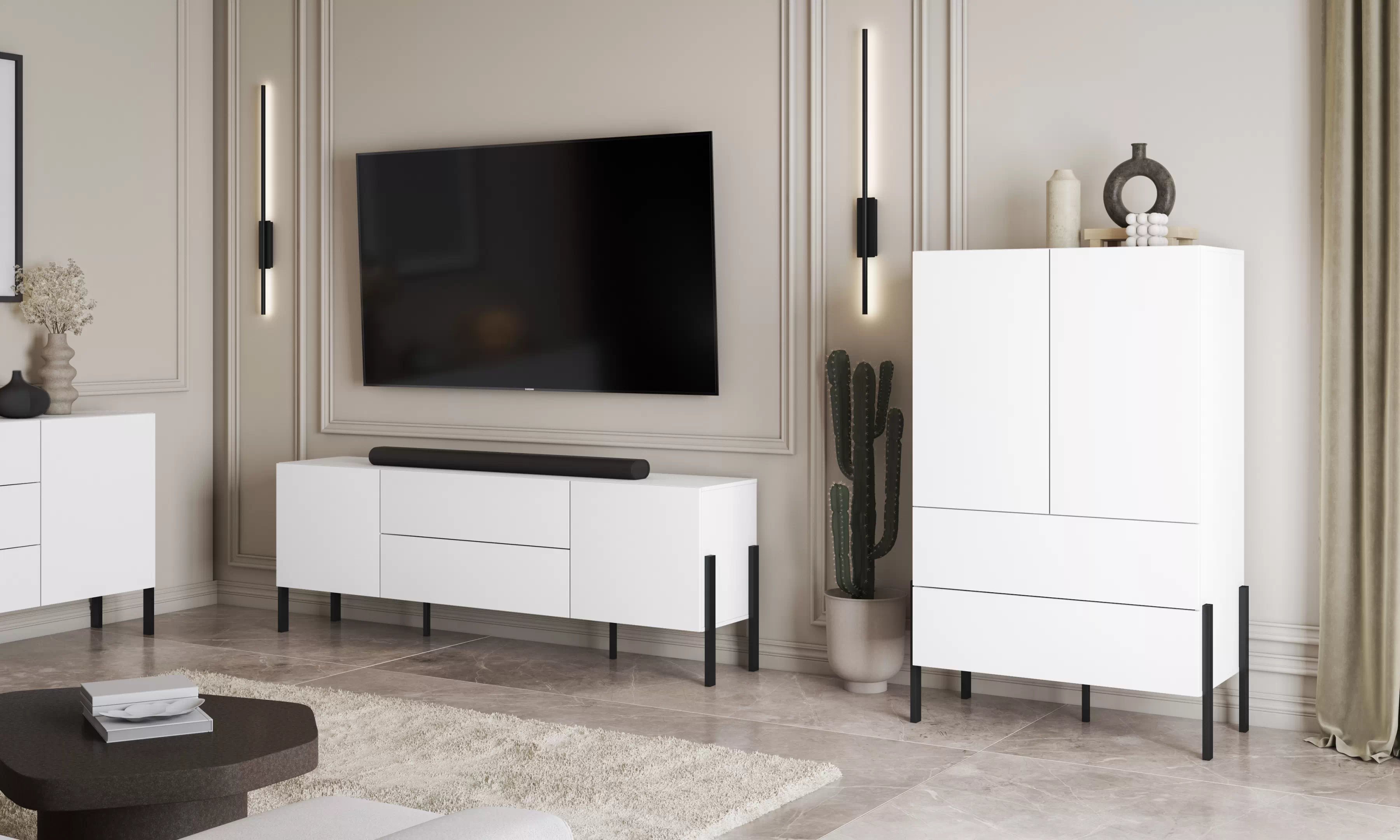 TV skrinka Jukon so zásuvkami 204 cm - biely supermat / čierne nožičky TV skrinka Jukon so zásuvkami 204 cm - Biely supermat / čierny nožičky