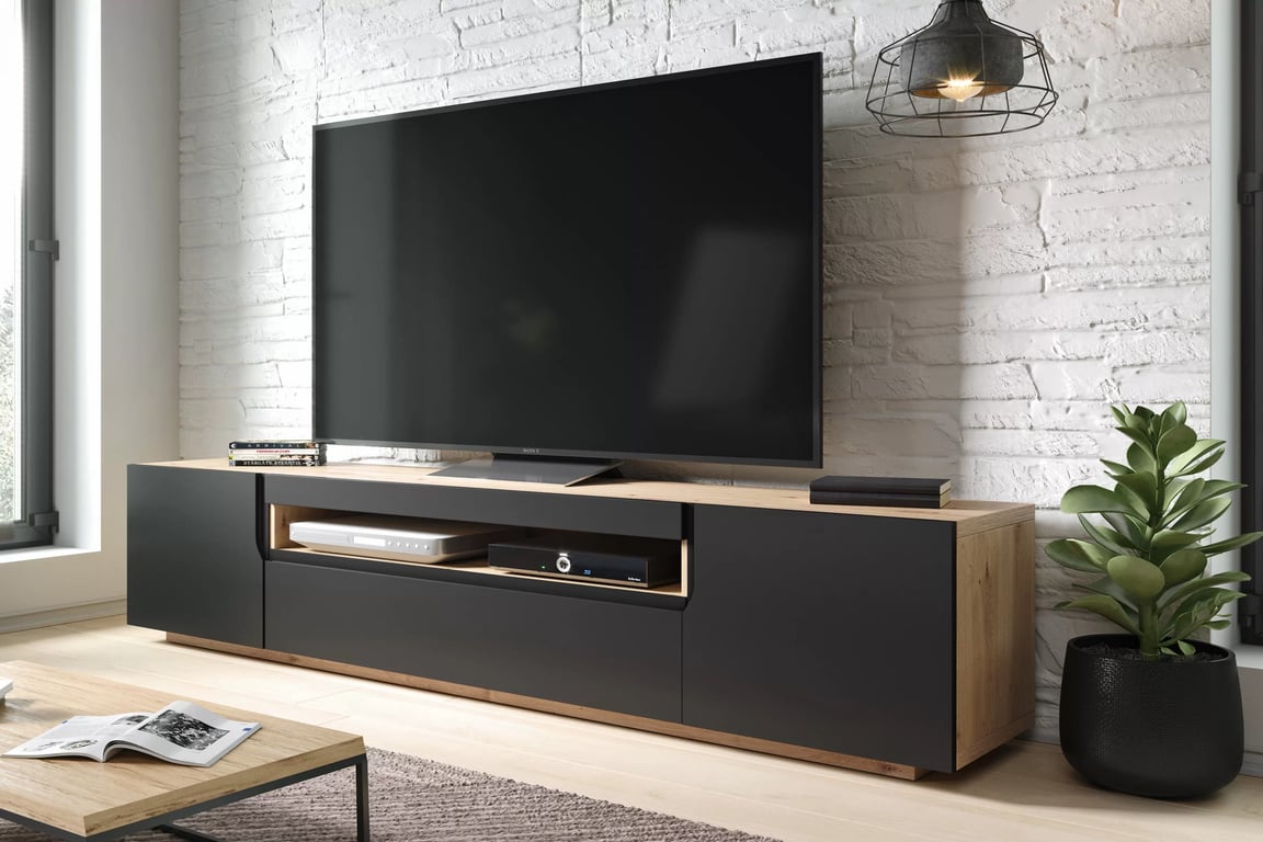 Loftia RTV szekrény 200 cm, kétszárnyú nyitott polccal - artisan tölgy / fekete matt TV-szekrény Loftia 200 cm két ajto z wneka - artisan / matt fekete