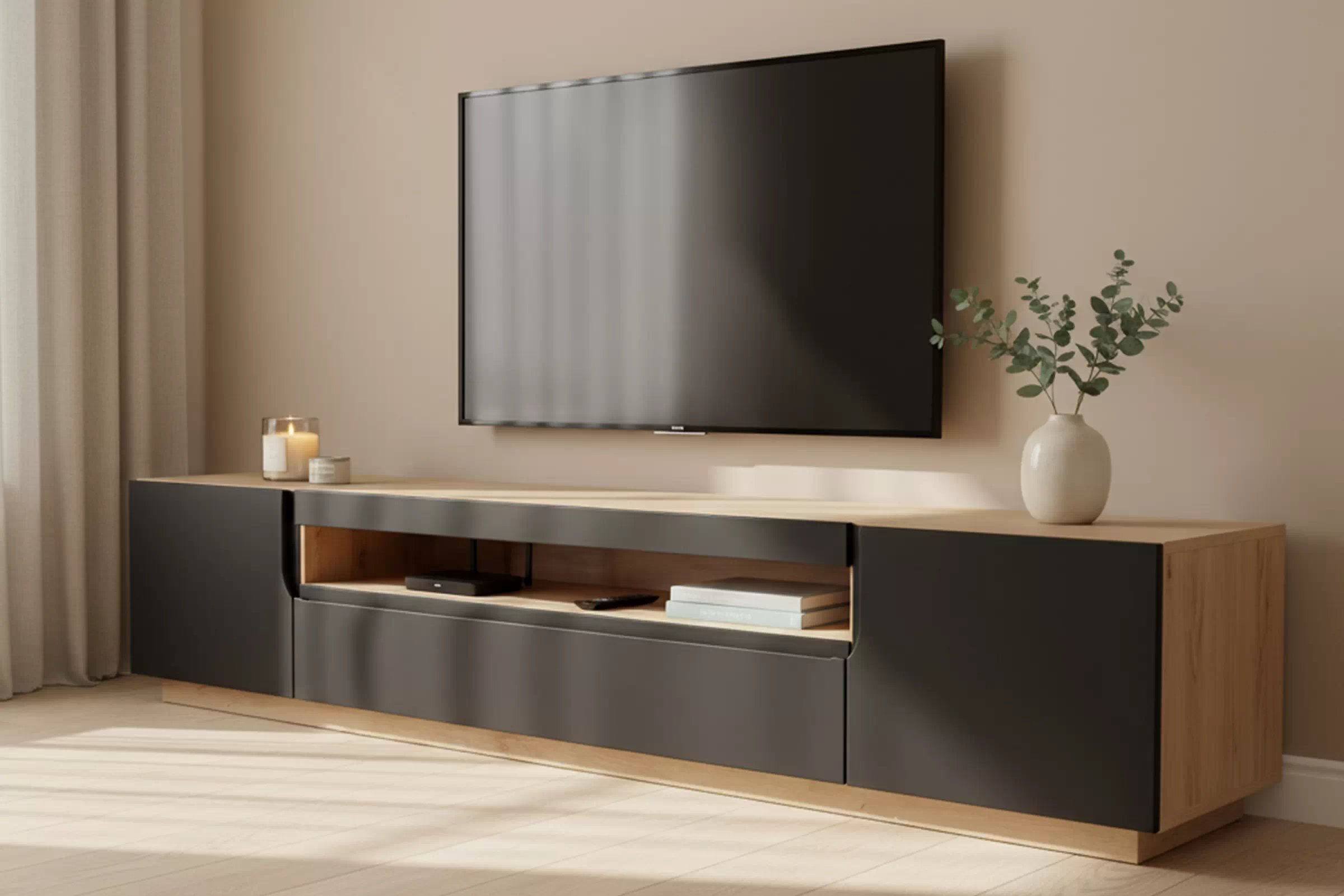 TV stolek Loftia 200 cm dvoudveřový s výklenkem - dub artisan / černý mat skříňka RTV Loftia 200 cm dvoudveřová z wneka - artisan / černá mat