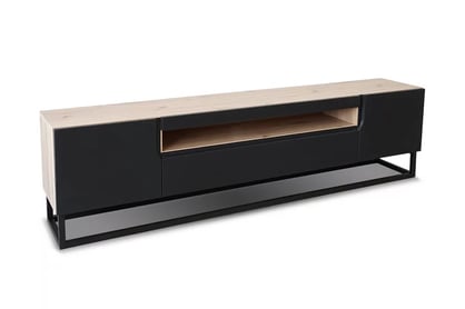 TV stolek Loftia 200 cm s výklenkem a kovovým rámem - dub artisan / černý mat