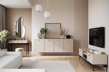 TV stolek Lorini 150 cm se zásuvkami – kašmír / černé úchyty / černá konstrukce skříňka RTV Lorini 150 cm se zásuvkami - kašmír / černá Úchytky / Rošt