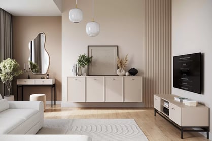 TV stolek Lorini 150 cm se zásuvkami – kašmír / černé úchyty T-bar / černá konstrukce skříňka RTV Lorini 150 cm se zásuvkami - kašmír / černá Úchytky T-bar / Rošt