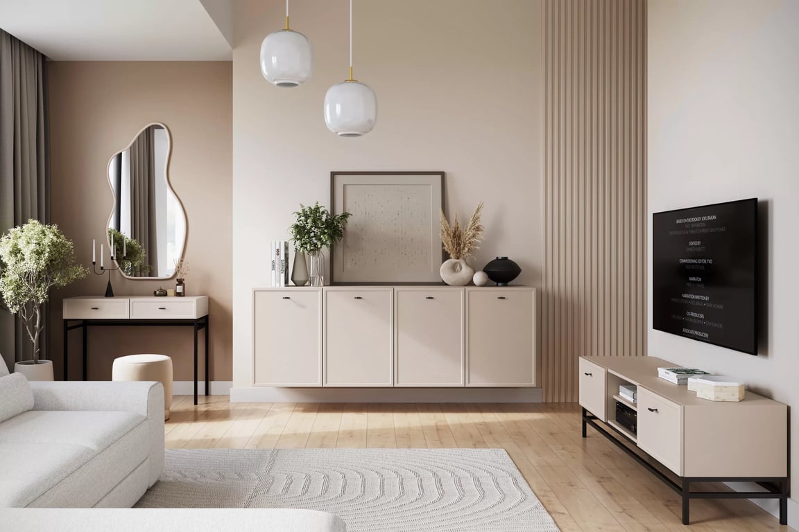 TV stolek Lorini 150 cm se zásuvkami – kašmír / černé úchyty T-bar / černá konstrukce skříňka RTV Lorini 150 cm se zásuvkami - kašmír / černá Úchytky T-bar / Rošt