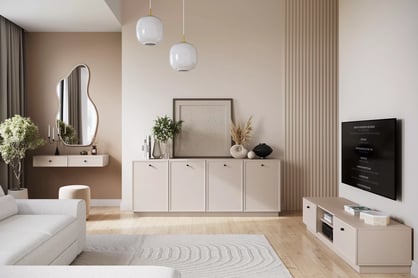 TV stolek Lorini 150 cm se zásuvkami – kašmír / černé úchyty skříňka RTV Lorini 150 cm se zásuvkami - kašmír / černá Úchytky