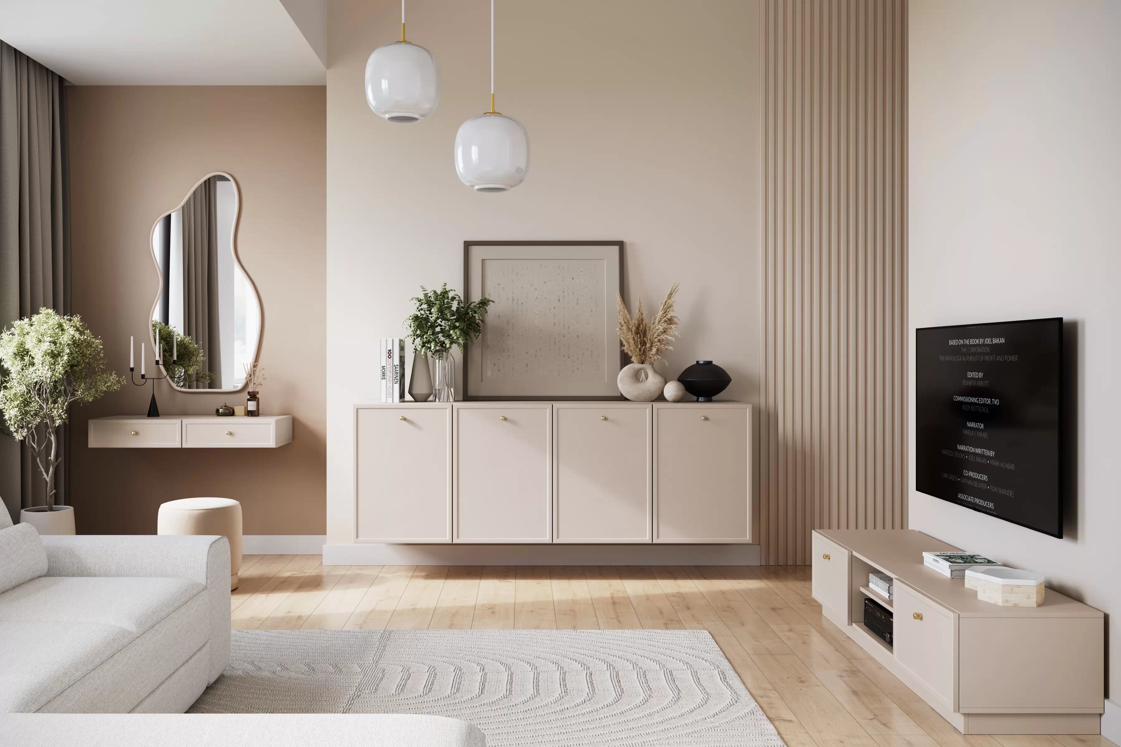 TV stolík Lorini 150 cm na sokli – kašmírová / zlaté úchytky G TV skrinka Lorini 150 cm so zásuvkami - kašmír / zlote úchyty