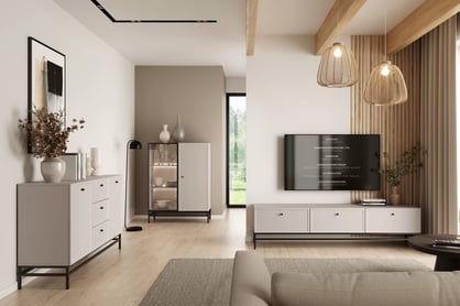 TV stolek Lorini 200 cm se zásuvkami – kašmír / černé úchyty / černá konstrukce skříňka RTV Lorini 200 cm se zásuvkami - kašmír / černá Úchytky / Rošt