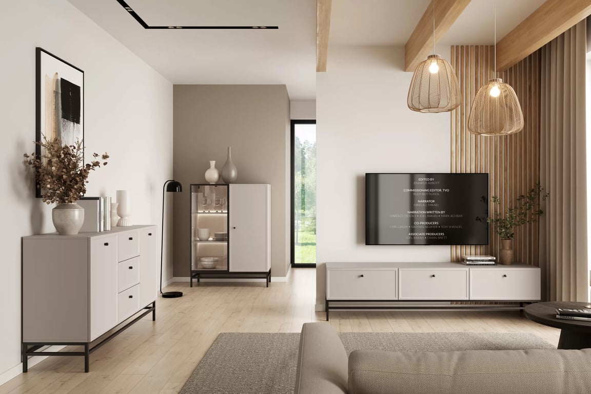 TV stolek Lorini 200 cm se zásuvkami – kašmír / černé úchyty / černá konstrukce skříňka RTV Lorini 200 cm se zásuvkami - kašmír / černá Úchytky / Rošt