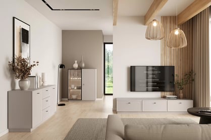 TV stolík Lorini 200 cm so zásuvkami – kašmírová / čierne úchytky T-bar TV skrinka Lorini 200 cm so zásuvkami - kašmír / čierny úchyty T-bar