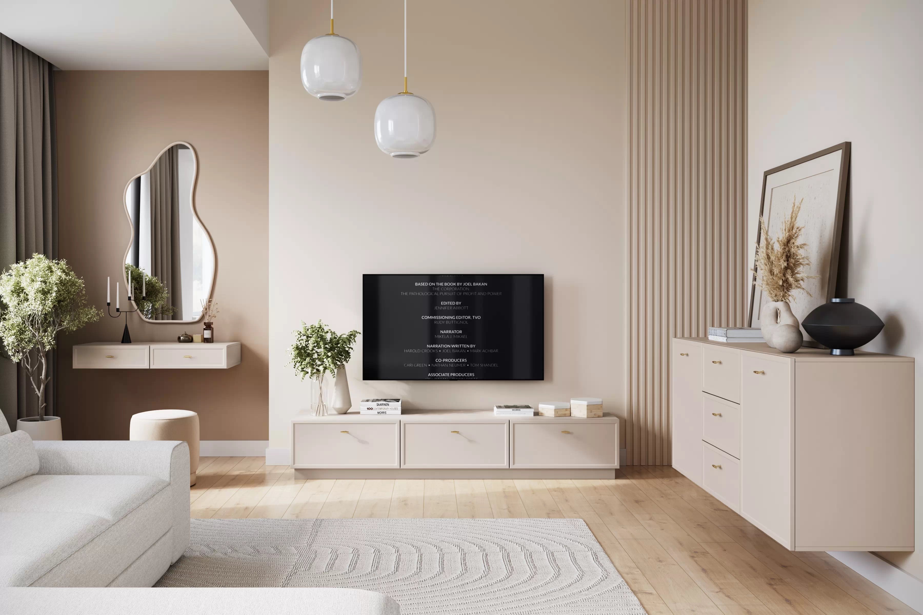 TV stolík Lorini 200 cm na sokli – kašmírová / zlatá / úchytky T TV skrinka Lorini 200 cm so zásuvkami - kašmír / zlote úchyty T-bar