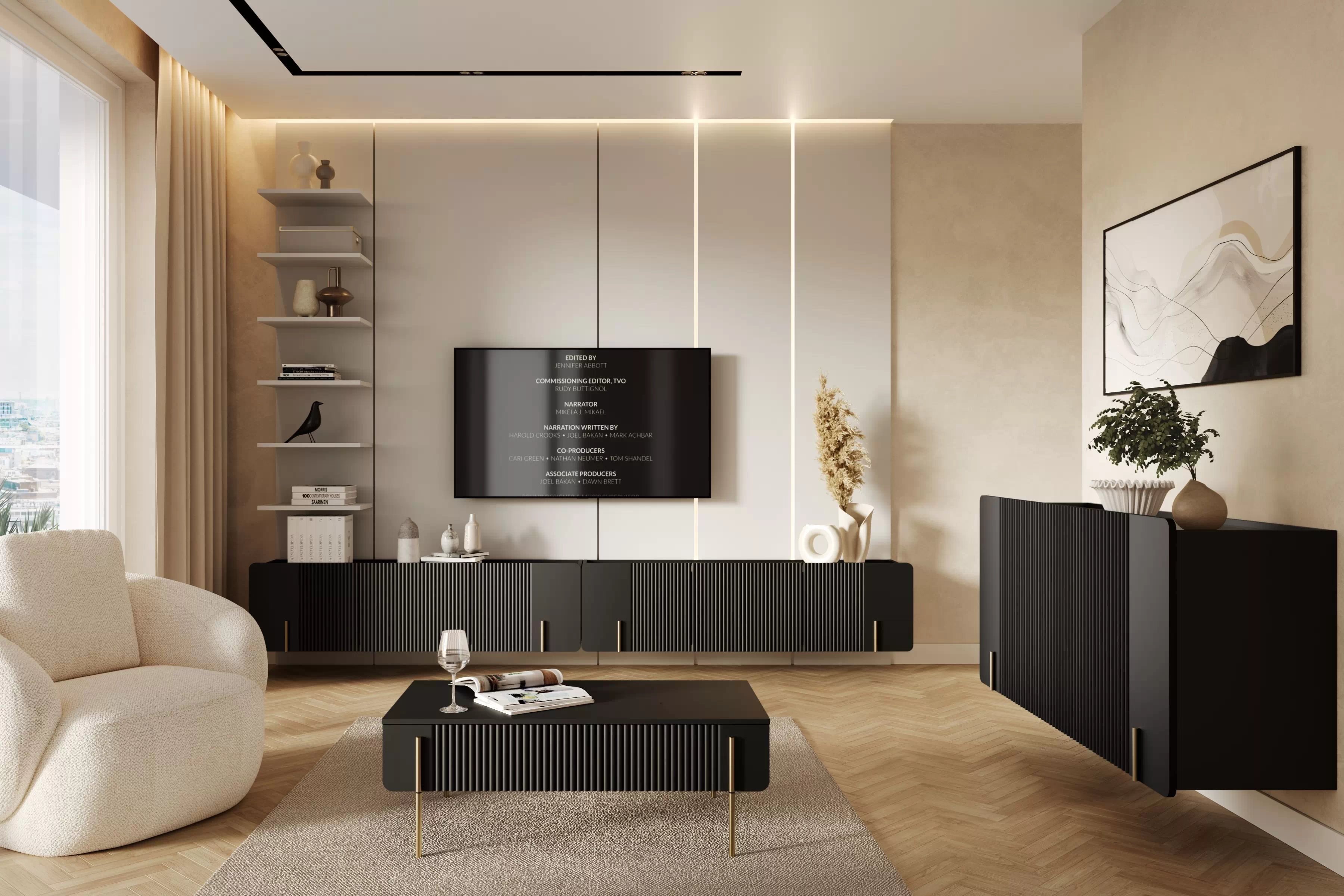 Závesný TV stolík Malmi 150 cm - čierny mat / zlatá TV skrinka Malmi 150 cm závesná - Čierny mat / zlaté