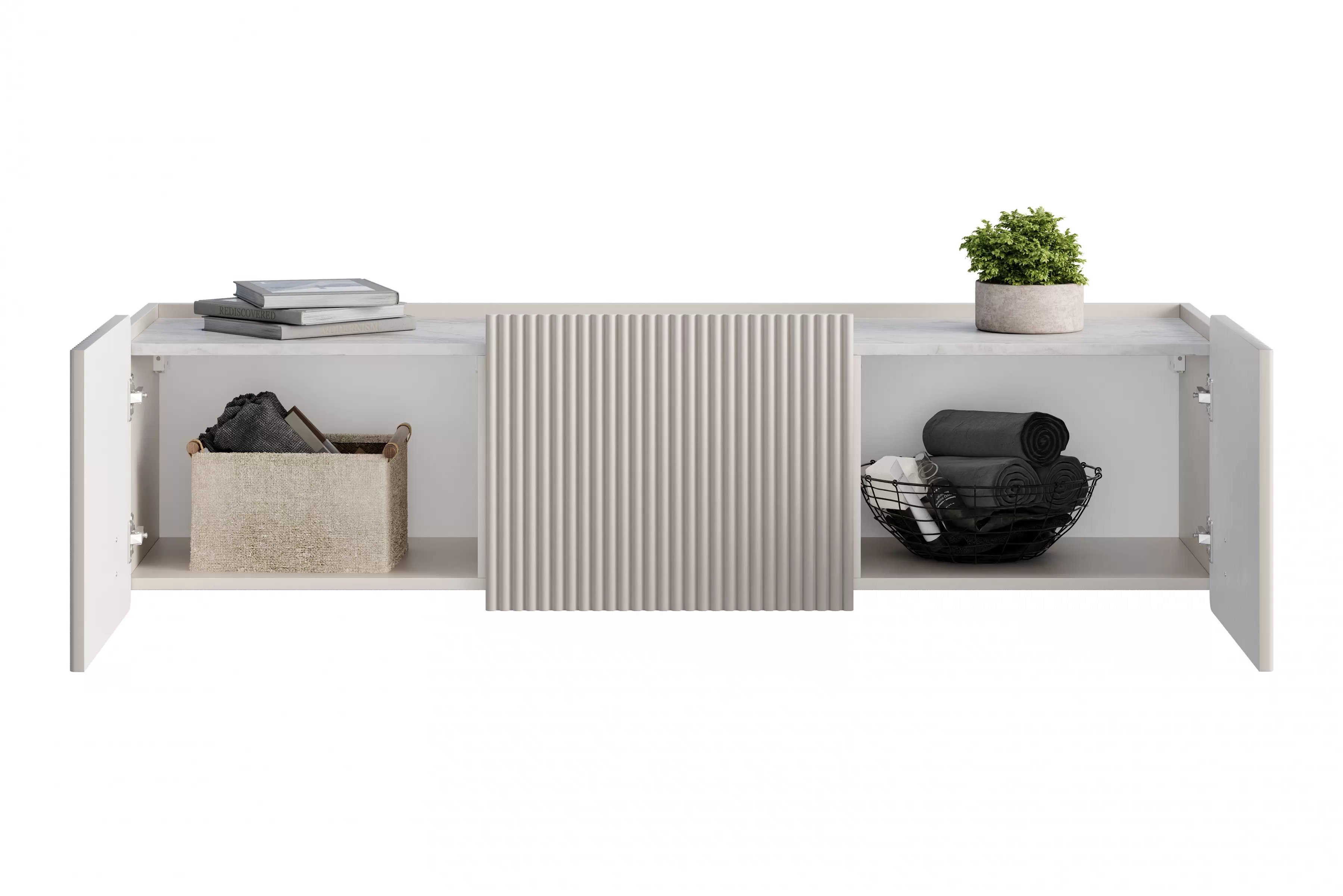 Závesný TV stolík Malmi 150 cm - kašmírová / crema bianca / čierna TV skrinka Malmi 150 cm závesná - kašmír / crema bianca / Čierny