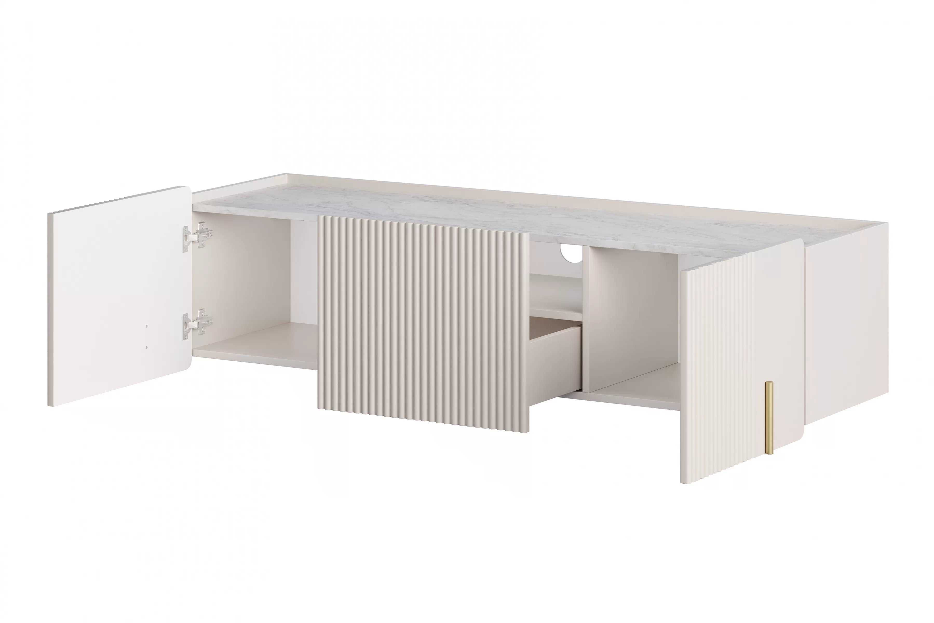 Závesný TV stolík Malmi 150 cm - kašmírová / crema bianca / zlatá TV skrinka Malmi 150 cm závesná - kašmír / crema bianca / zlaté