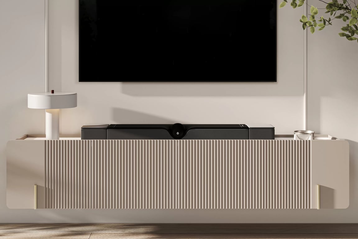Závesný TV stolík Malmi 200 cm - kašmírová / crema bianca / zlatá TV skrinka Malmi 200 cm závesná - kašmír / crema bianca / zlaté