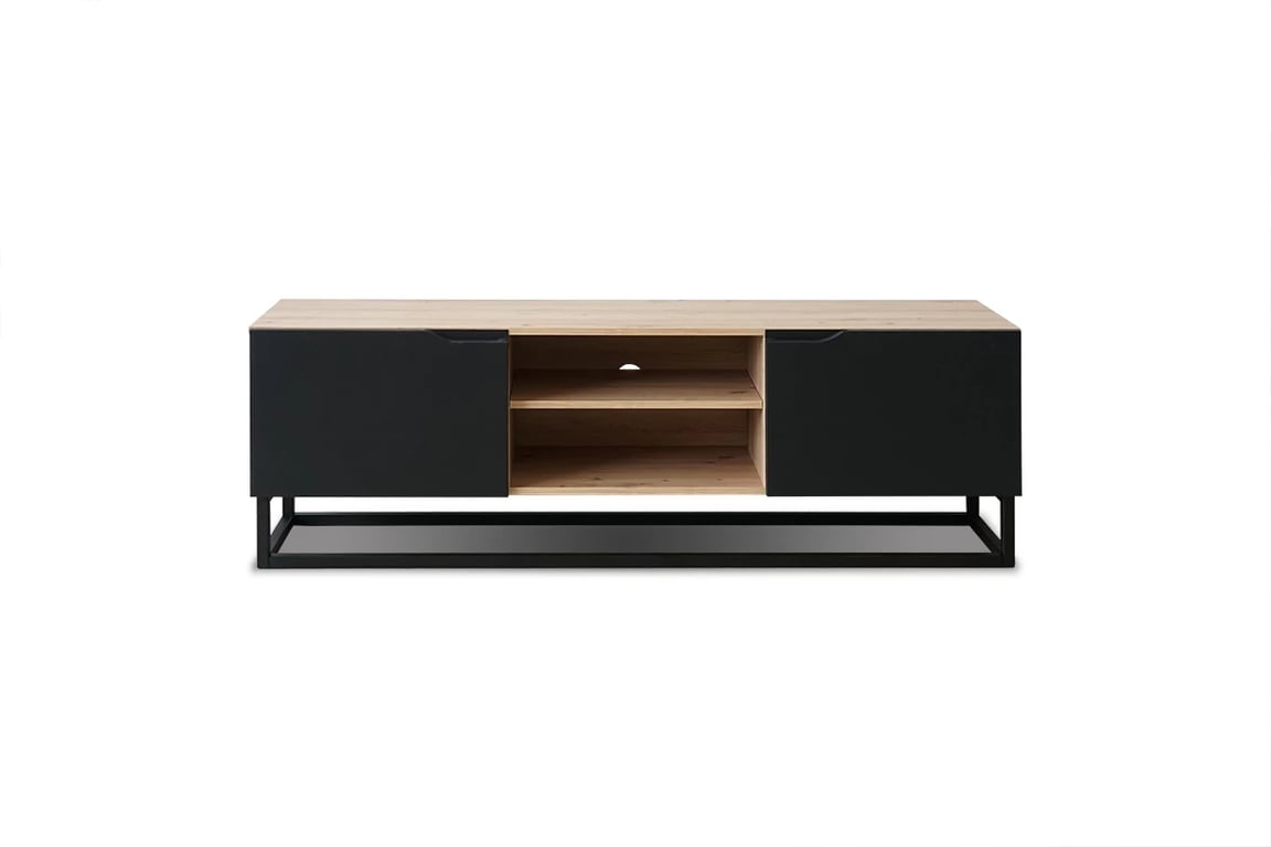 TV stolík Loftia Mini 160 cm na kovových nožičkách - dub artisan / čierny mat TV skrinka Loftia s kovovým podstavcom Mini - artisan/čierny mat