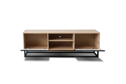 TV stolík Loftia Mini 160 cm na kovových nožičkách - dub artisan / čierny mat TV skrinka Loftia s kovovým podstavcom Mini - artisan/čierny mat