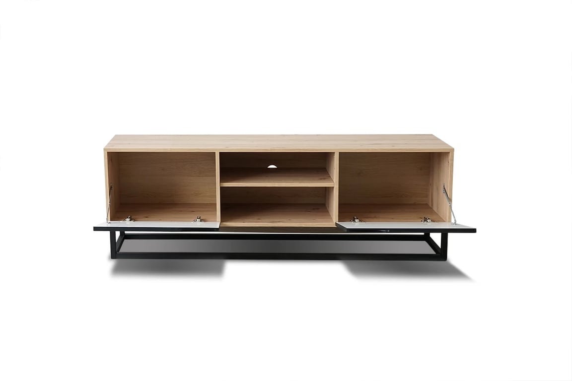 TV stolík Loftia Mini 160 cm na kovových nožičkách - dub artisan / čierny mat TV skrinka Loftia s kovovým podstavcom Mini - artisan/čierny mat