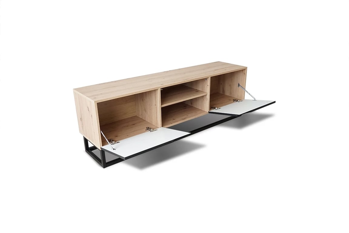 TV stolík Loftia Mini 160 cm na kovových nožičkách - dub artisan / čierny mat TV skrinka Loftia s kovovým podstavcom Mini - artisan/čierny mat