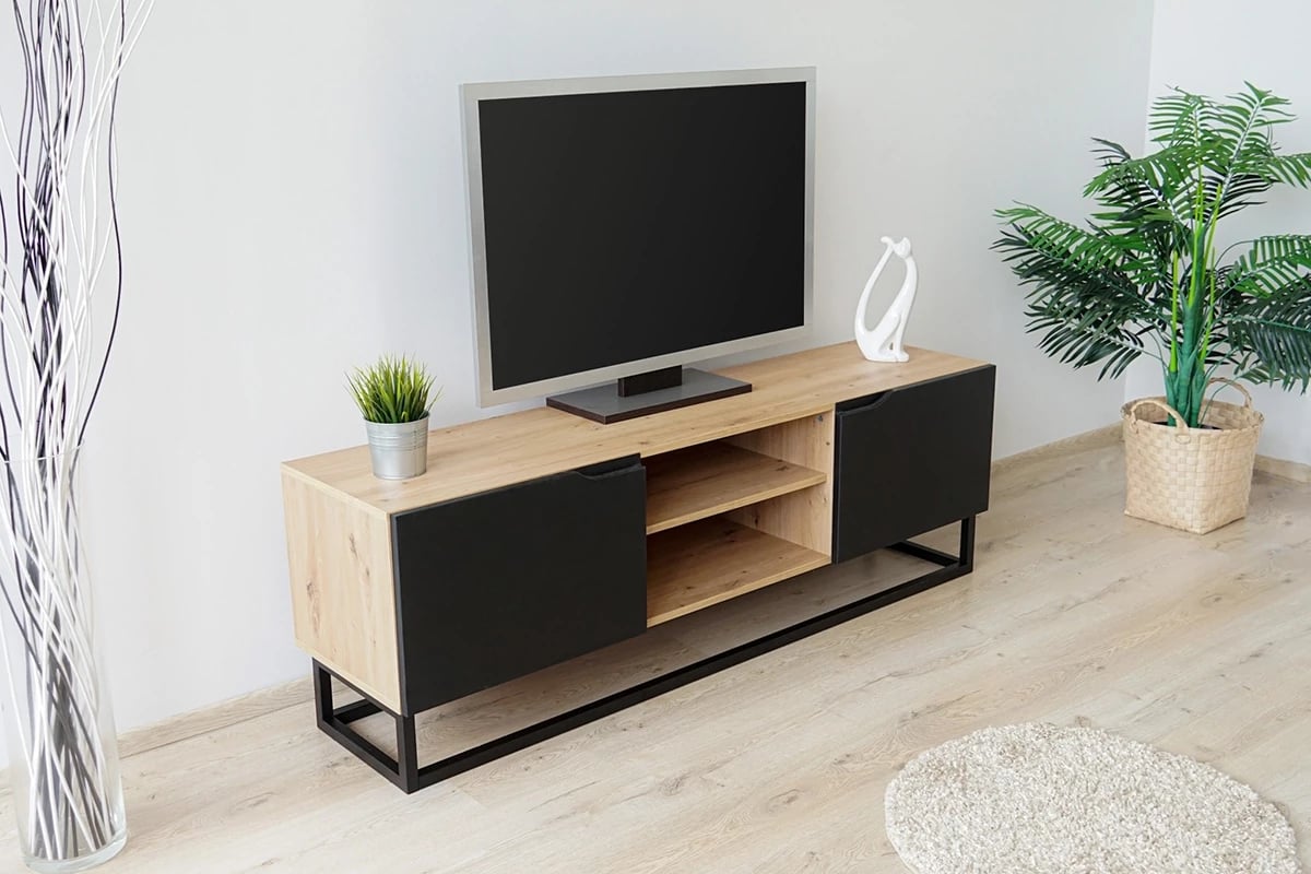 TV stolík Loftia Mini 160 cm na kovových nožičkách - dub artisan / čierny mat TV skrinka Loftia s kovovým podstavcom Mini 
