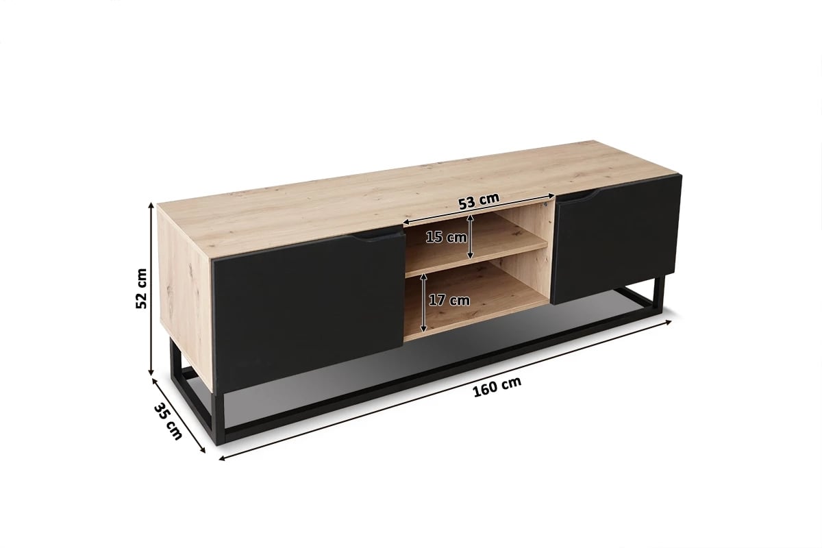 TV stolík Loftia Mini 160 cm na kovových nožičkách - dub artisan / čierny mat TV skrinka Loftia s kovovým podstavcom Mini - artisan/čierny mat