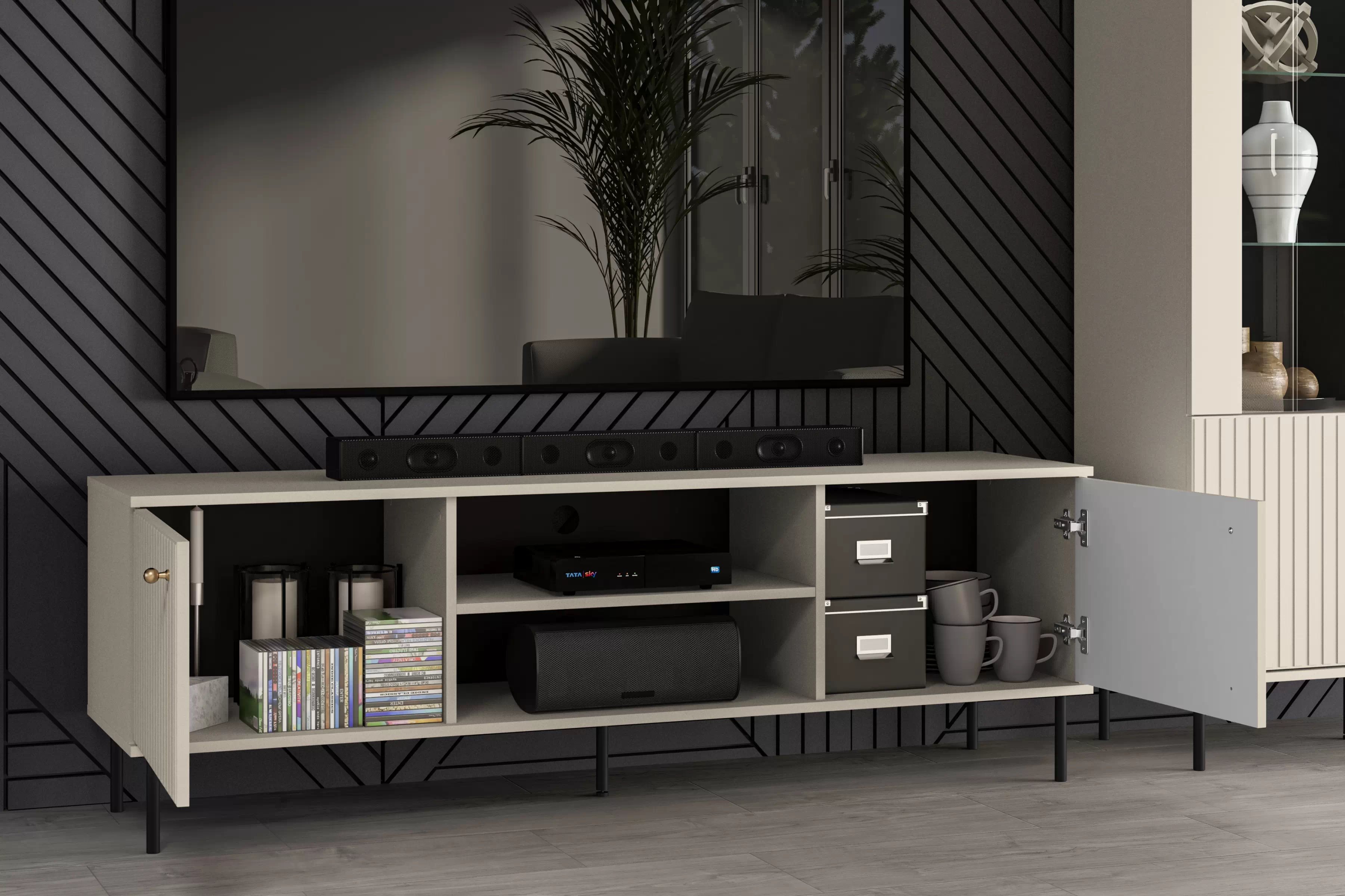 TV stolek Jamuzi 160 cm - kašmírová / černé nožky Skříňka RTV na kovových nohách Jamuzi 06 - 160 cm - kašmír / černá nozki