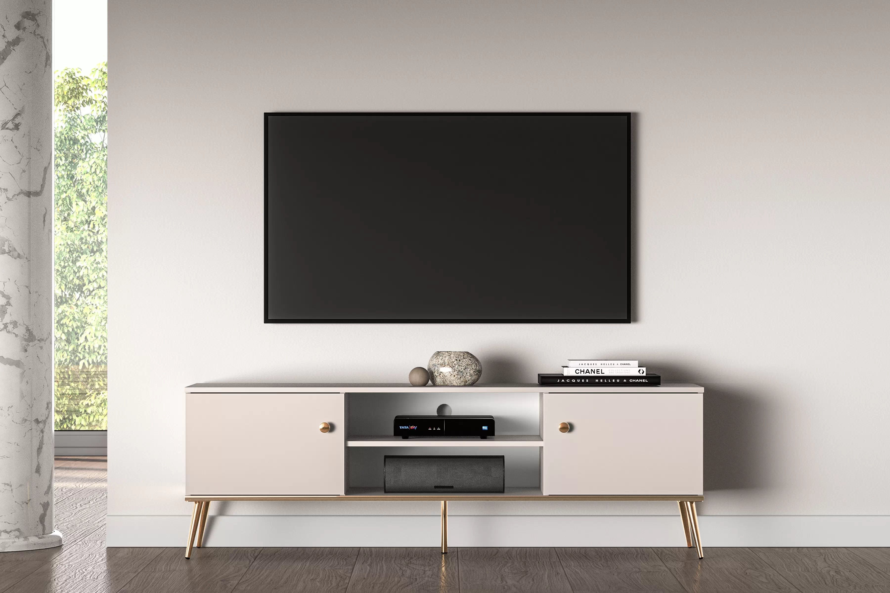 TV stolek Narelli 160 cm - kašmírový / zlaté nožky Skříňka RTV na kovových nohách Narelli 05 - 160 cm - kašmír / zlaté Nohy
