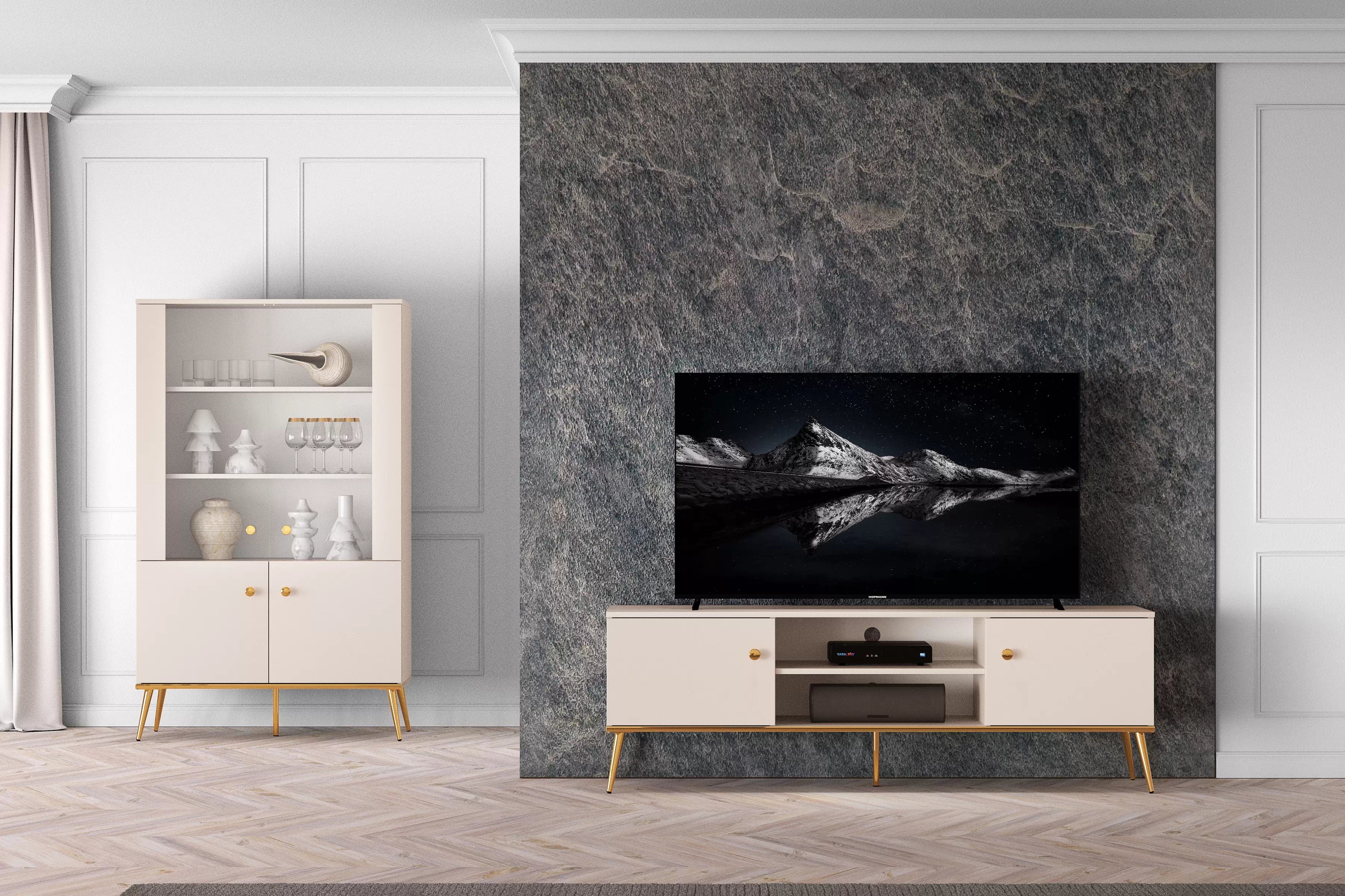 TV stolek Narelli 160 cm - kašmírový / zlaté nožky Skříňka RTV na kovových nohách Narelli 05 - 160 cm - kašmír / zlaté Nohy