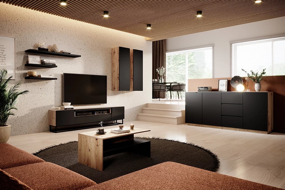 RTV skrinka Loftia 200 cm s otvorom a kovovým rámom - dub artisan / čierny mat Loftová skrinka