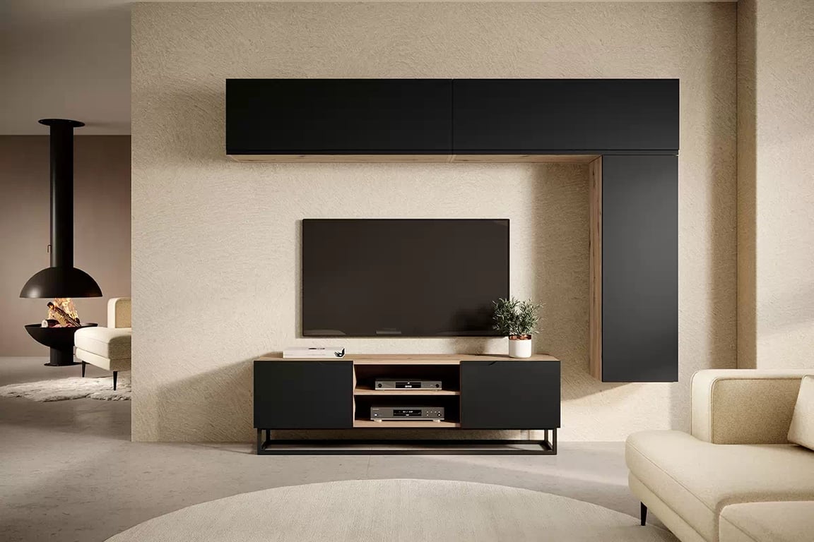 TV stolík Loftia Mini 160 cm na kovových nožičkách - dub artisan / čierny mat TV skrinka s výklenkom