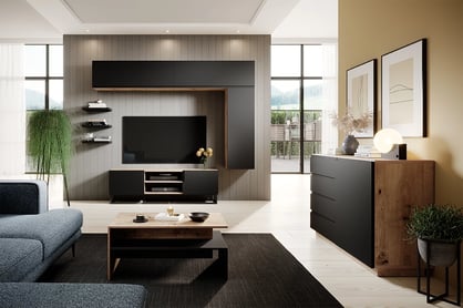 TV stolík Loftia Mini 160 cm na kovových nožičkách - dub artisan / čierny mat TV skrinka s kovovou podstavou 