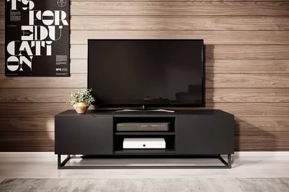 TV stolek Loftia Mini 160 cm s přihrádkami a kovovým rámem - černý mat TV skříňka 