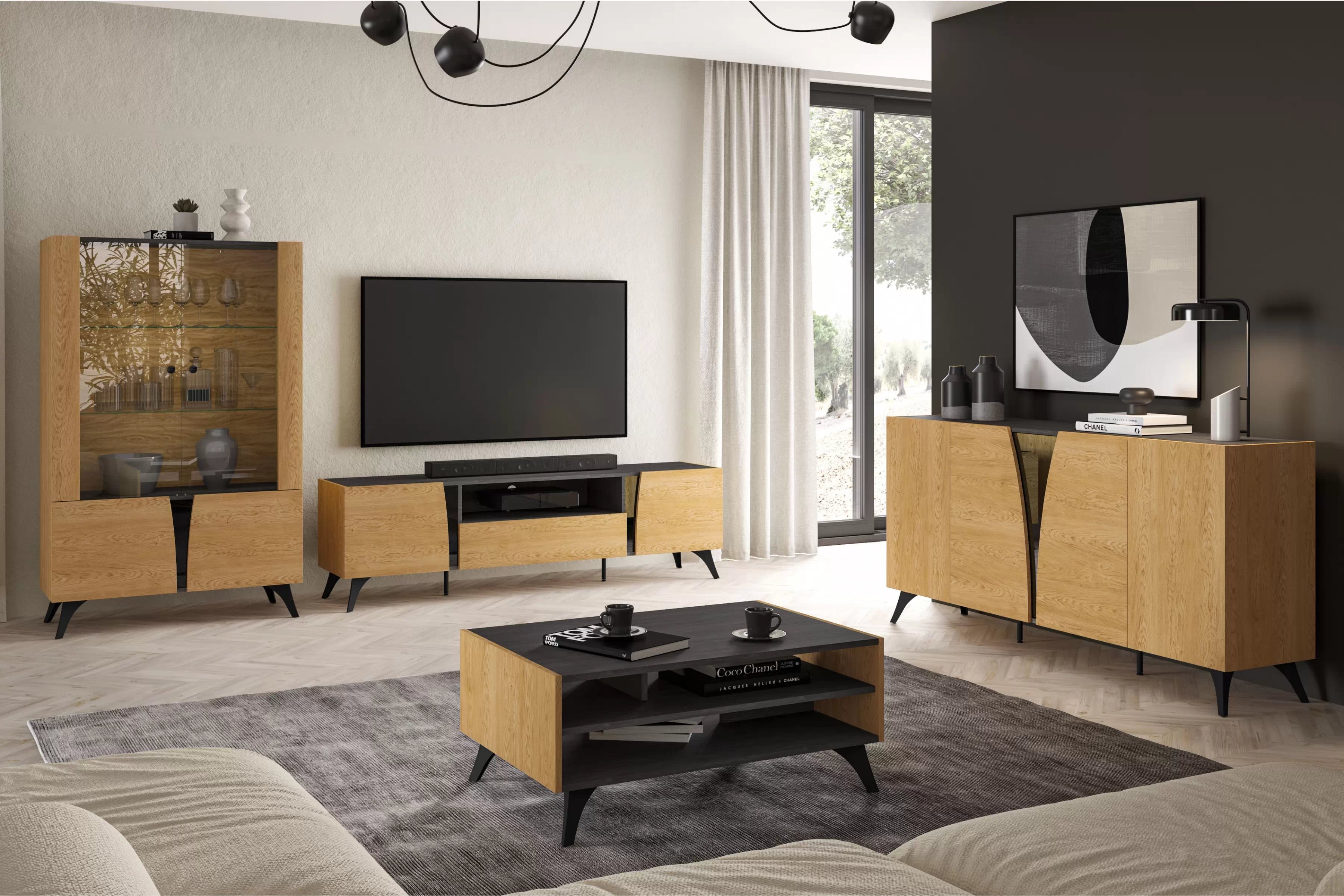 TV stolek Natina 06 se zásuvkou 180 cm - dub baltic dune / černý jasan portland skříňka RTV Natina 06 z szuflada - 180 cm - dub baltic dune / jasan portland černá