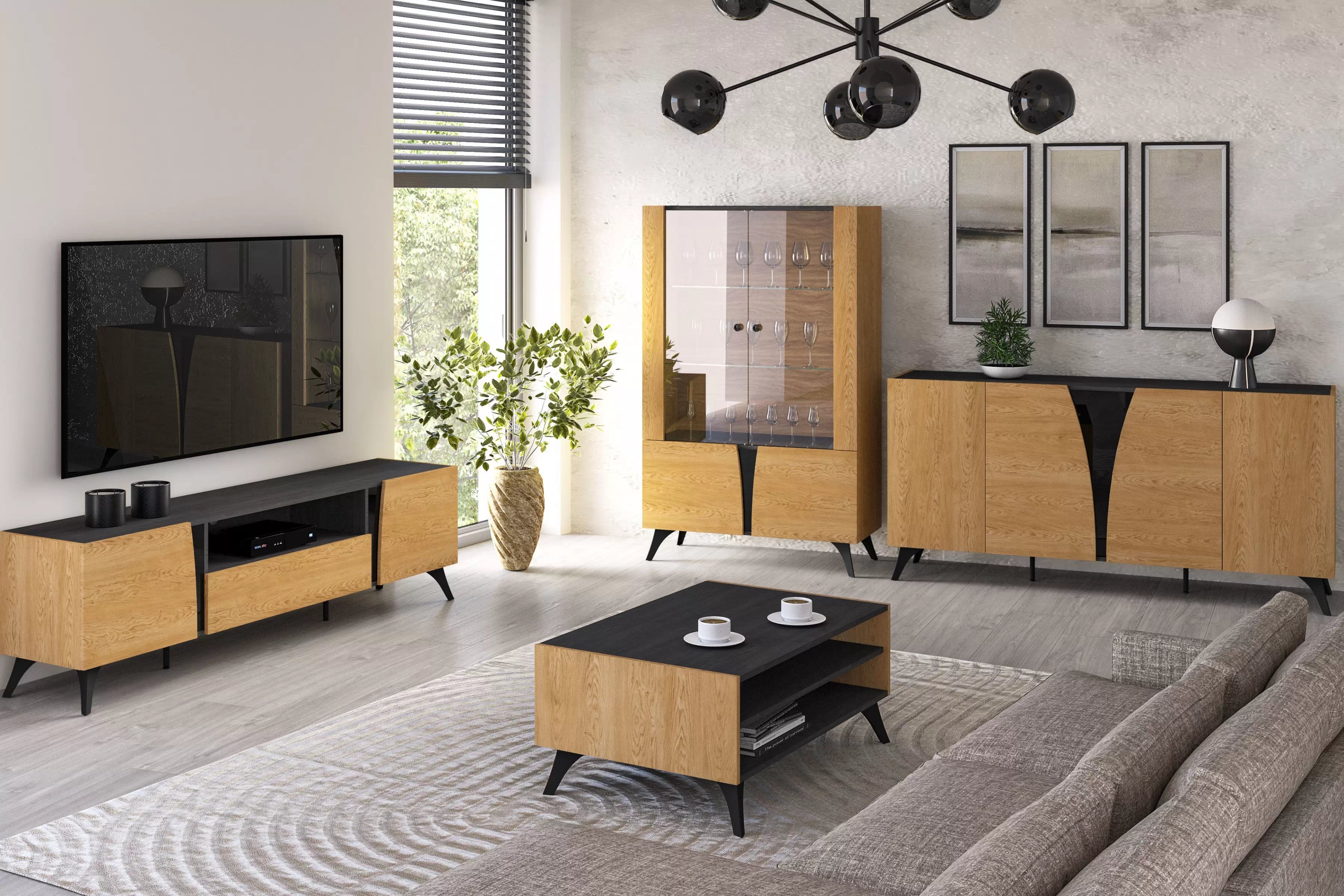 TV stolek Natina 06 se zásuvkou 180 cm - dub baltic dune / černý jasan portland skříňka RTV Natina 06 z szuflada - 180 cm - dub baltic dune / jasan portland černá