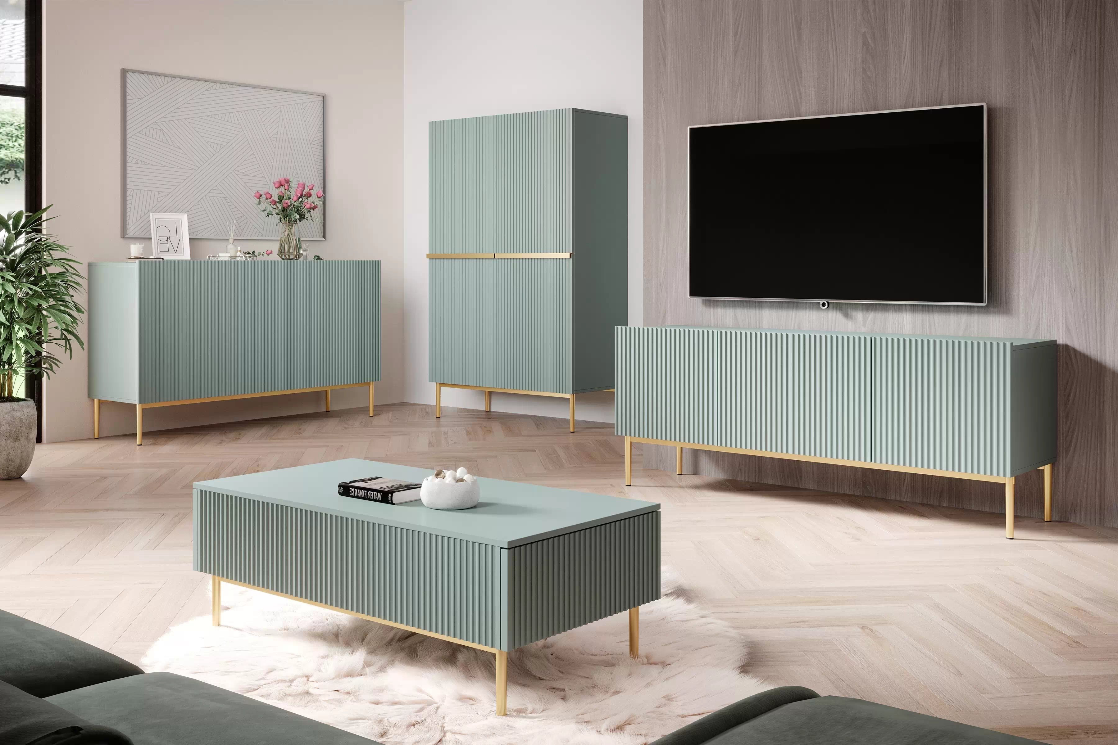 TV skříňka Nicole 150 cm se zásuvkou - šalvěj / zlaté nožky Skříňka RTV Nicole 150 cm na kovových nohách z szuflada - szalwia / zlaté nozki