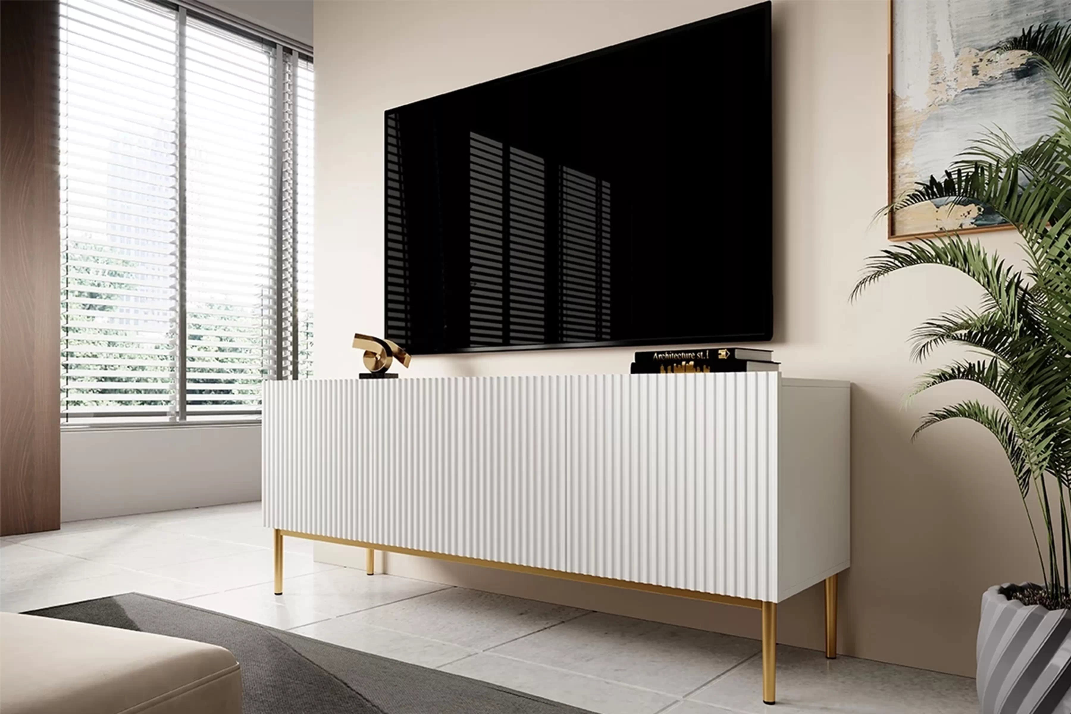 TV stolík Nicole 150 cm na kovových nohách so zásuvkou - biely mat / zlaté nohy TV skrinka Nicole 150 cm na kovových nohách z szuflada - biely mat / zlote nozki