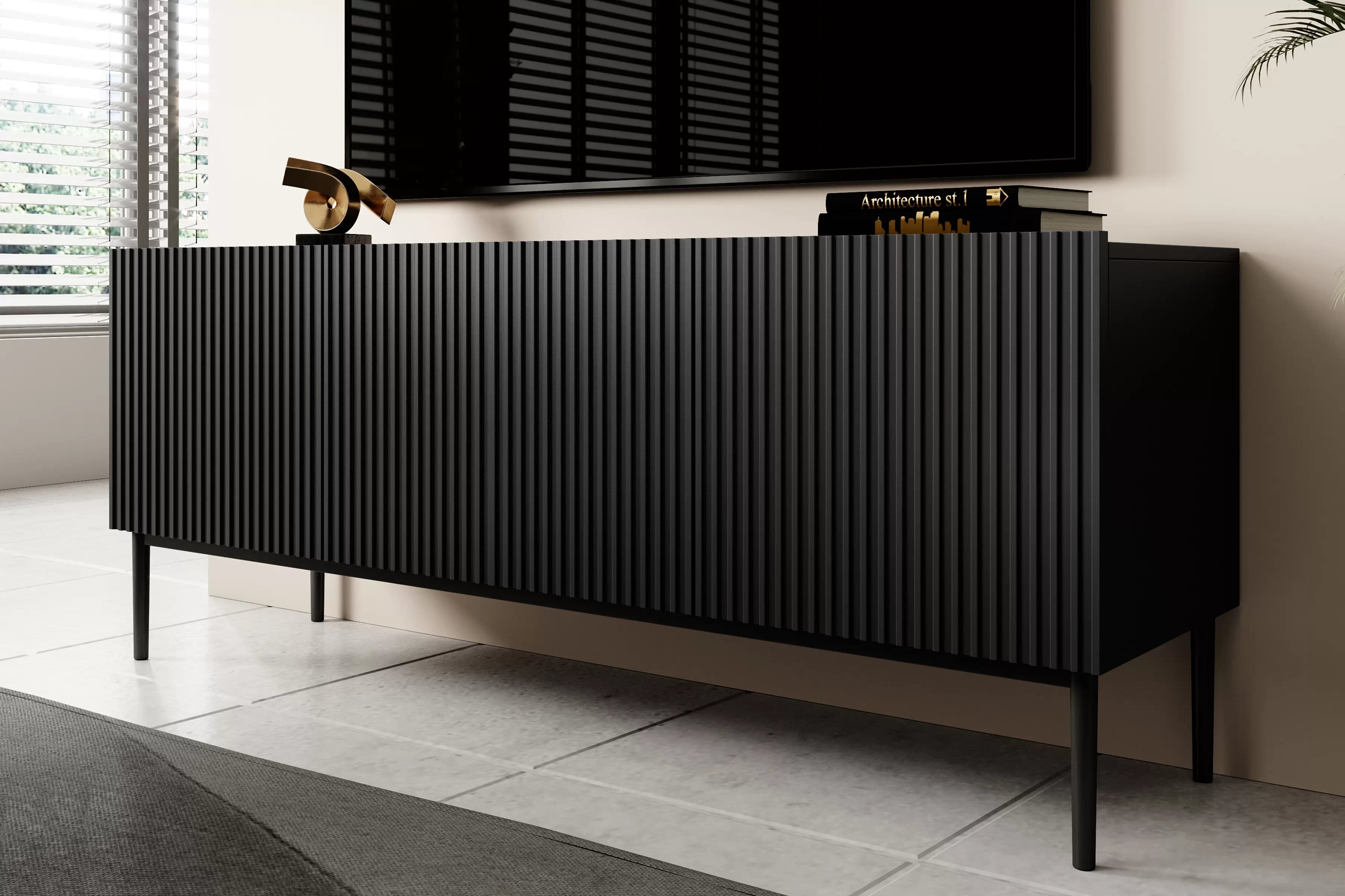 TV stolík Nicole 150 cm na kovových nohách so zásuvkou - čierny mat / čierne nohy TV skrinka Nicole 150 cm na kovových nohách z szuflada - Čierny mat / čierny nozki