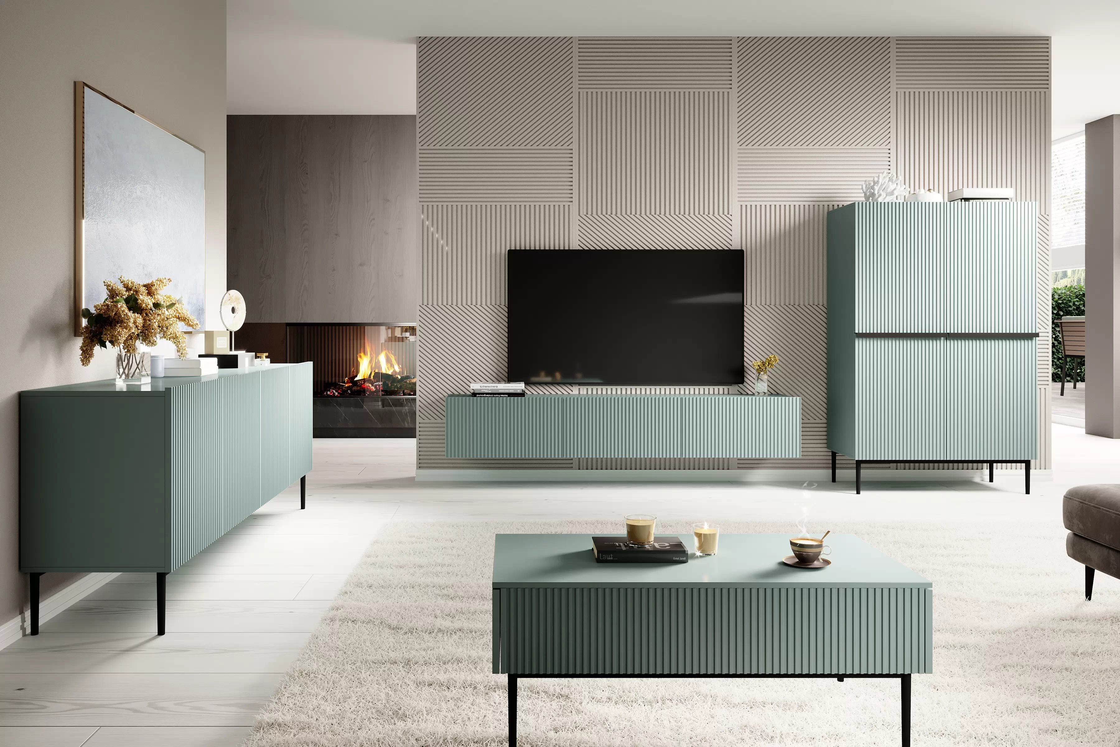 TV skříňka Nicole 150 cm se zásuvkou - šalvěj / černé nožky Skříňka RTV Nicole 150 cm na kovových nohách z szuflada - szalwia / černá nozki