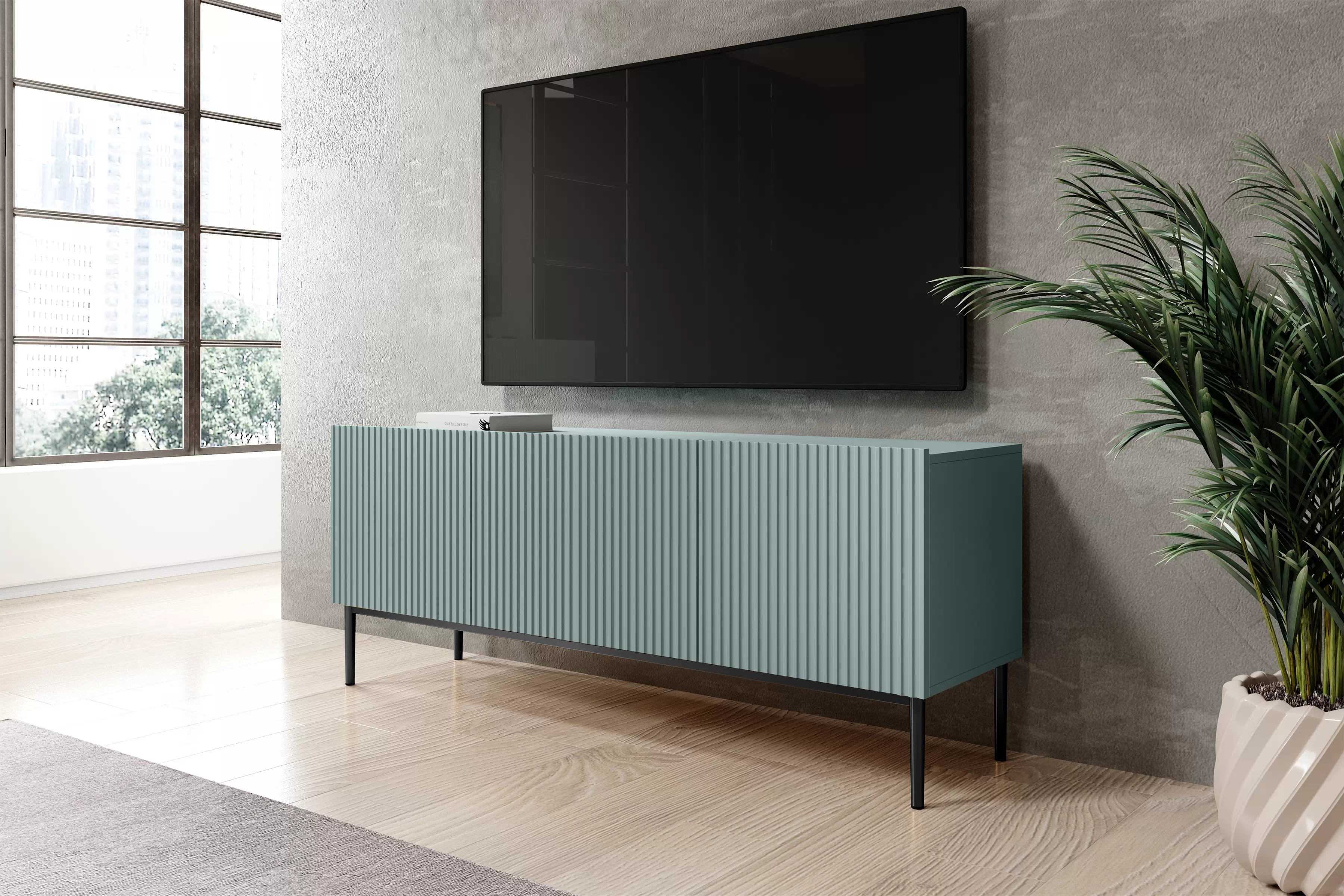 TV skříňka Nicole 150 cm se zásuvkou - šalvěj / černé nožky Skříňka RTV Nicole 150 cm na kovových nohách z szuflada - szalwia / černá nozki