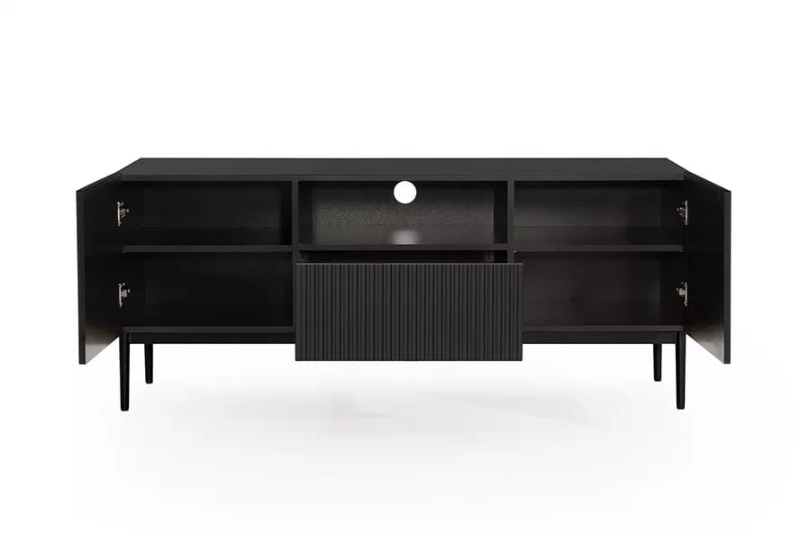 TV stolík Nicole 150 cm so zásuvkou a otvorenou policou - čierny mat / čierne nohy TV skrinka Nicole 150 cm z szuflada i wneka - Čierny mat / čierny nozki