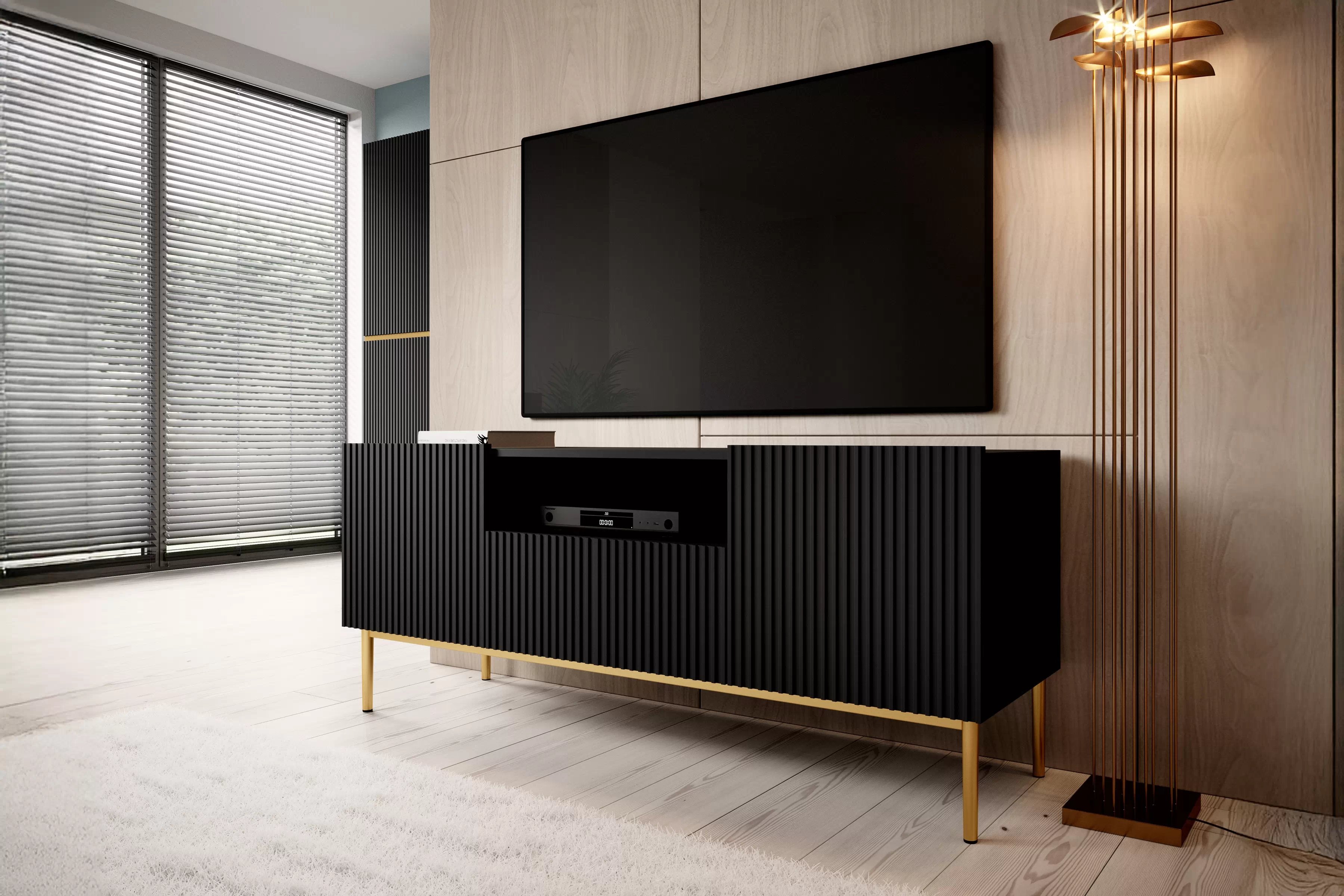 TV stolek Nicole 150 cm s výklenkem - černý mat / zlaté nožky skříňka RTV Nicole 150 cm z szuflada i wneka - černá mat / zlote nozki