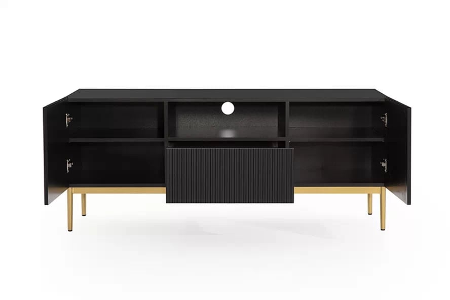 TV stolek Nicole 150 cm s výklenkem - černý mat / zlaté nožky skříňka RTV Nicole 150 cm z szuflada i wneka - černá mat / zlote nozki