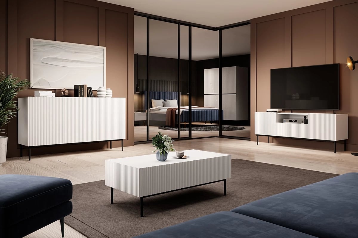 TV stolek Nicole 150 cm s výklenkem - bílý mat / černé nožky stolek tv s výklenkem