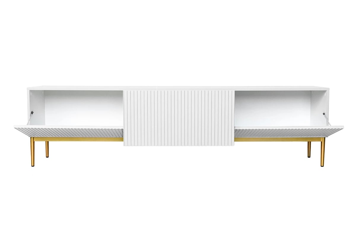 TV stolík so zásuvkou Nicole 200 cm - biely mat / zlaté nohy TV skrinka