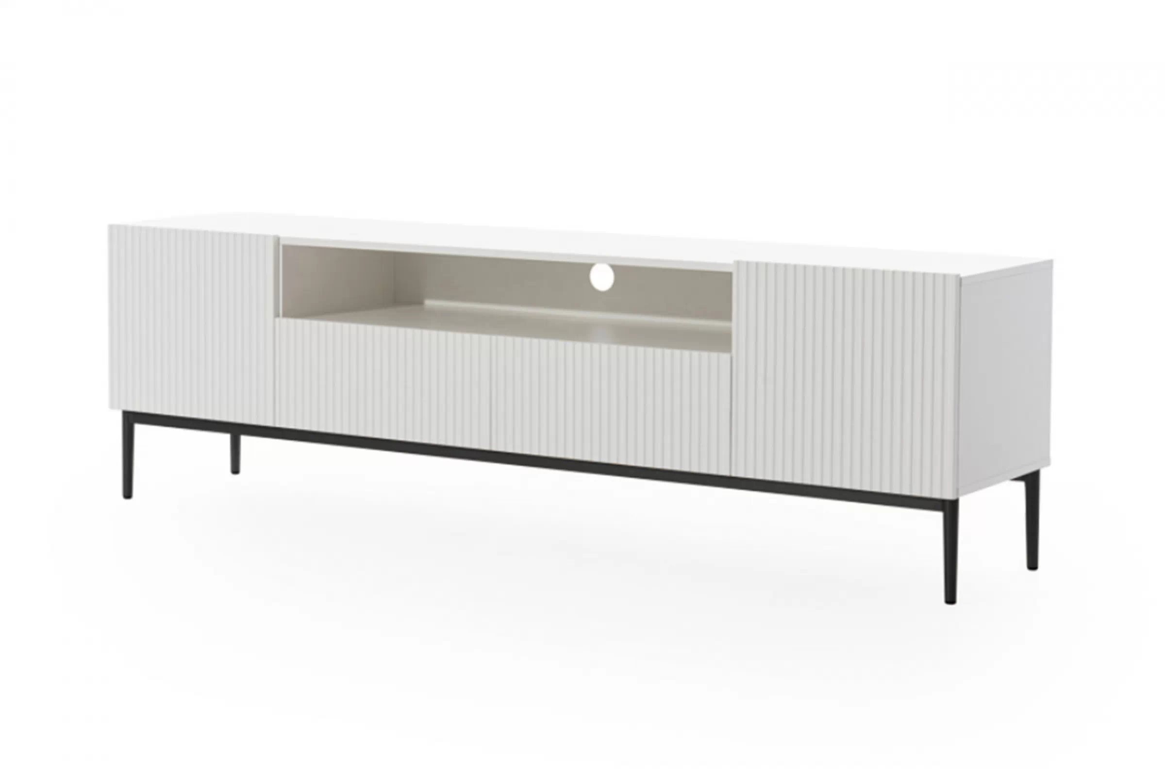 TV stolík Nicole 200 cm s otvorenou policou a zásuvkami - biely mat / čierne nohy TV skrinka Nicole 200 cm  z wneka i zásuvkami - biely mat / čierny nozki