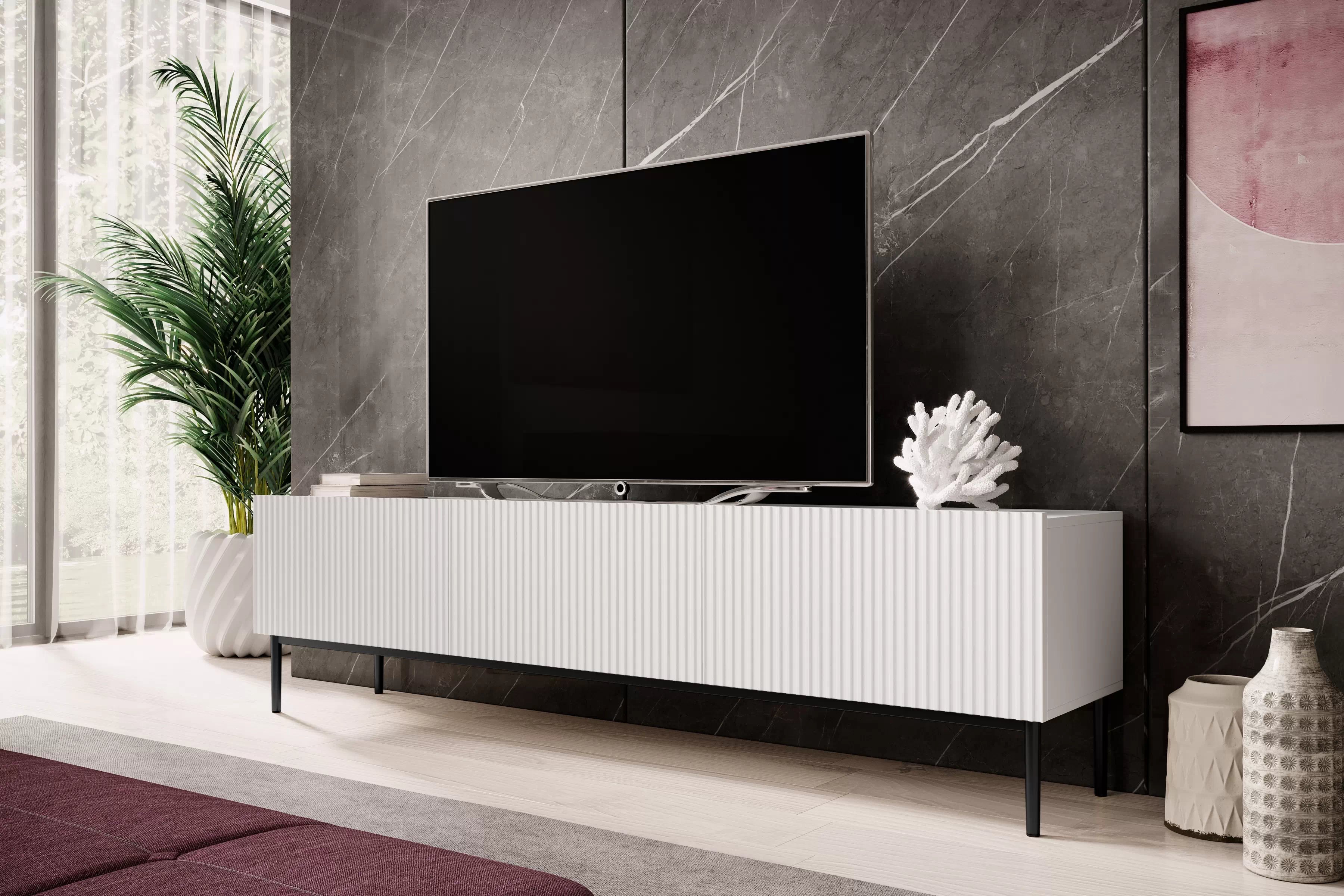 TV stolek Nicole 200 cm - bílý mat / černé nožky skříňka RTV Nicole 200 cm na kovových nohách z szuflada - bílý mat / černá nozki