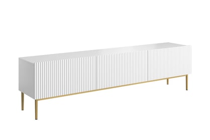 Moderní RTV skříňka Nicole 200 cm na kovových nohách s šuplíkem - bílý mat / zlaté nožky
