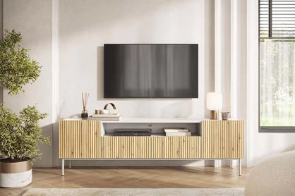 TV stolek Nicole 200 cm s výklenkem - bílý mat / dub artisan / bílé nožky Skříňka TV do obývacího pokoje